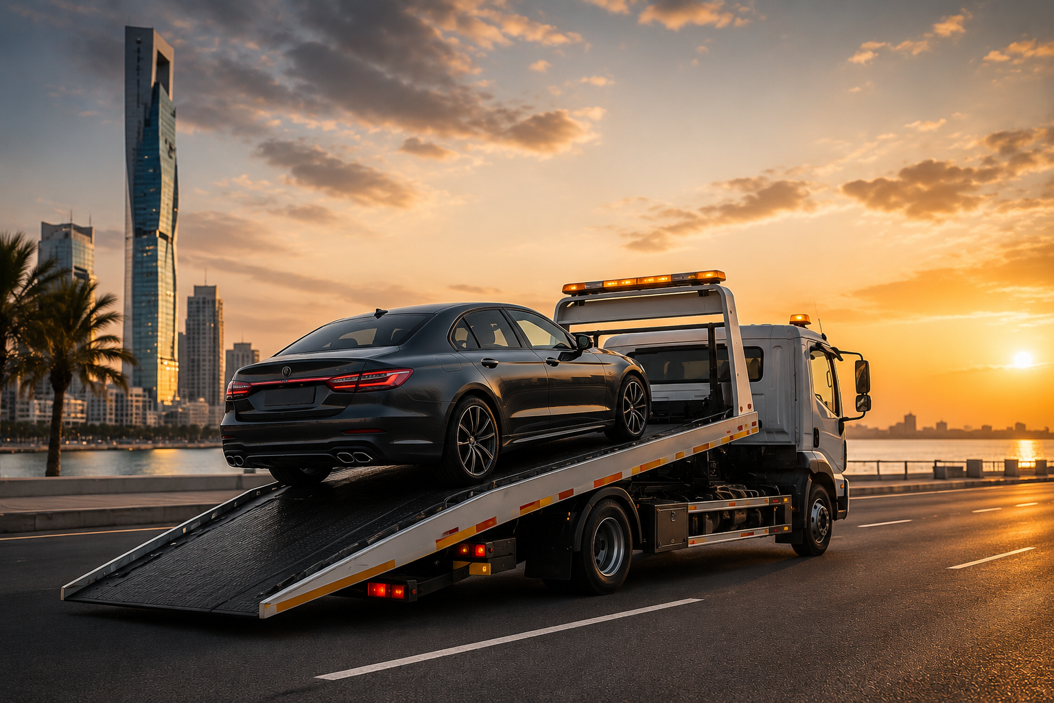 Tow truck on coastal road at sunset